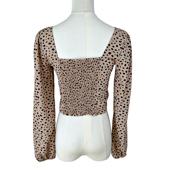 Altar'd State Brown Polka Dot Animal Print Long Sleeve Cropped Blouse Top XS - Picture 2 of 6